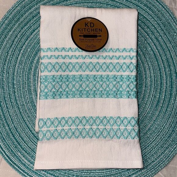 Set of Six Teal Ombre Round Weave Placemats, Table Runner, Mitts, Towels ++++ - Picture 5 of 16